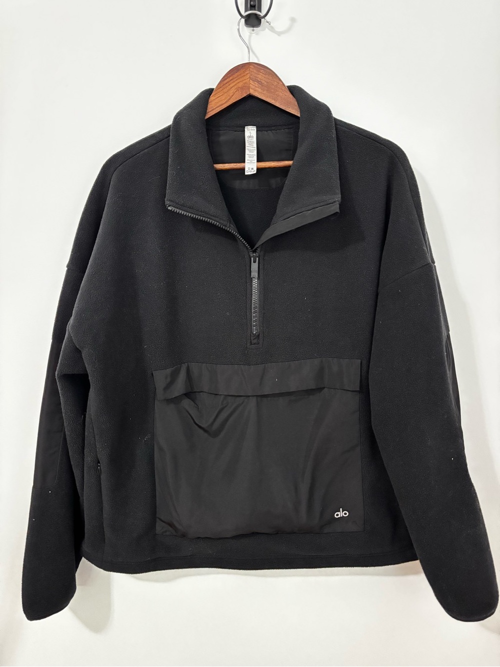 Alo Yoga Black Fleece Half Zip Pullover Jacket Large Oversized Kangaroo Pocket